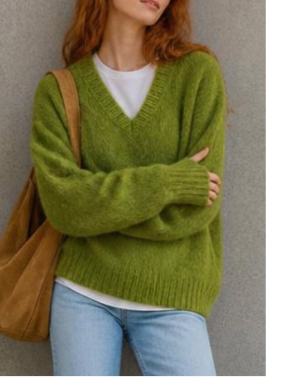 NEW Green V-Neck Wool Effect Loose Sweater XL